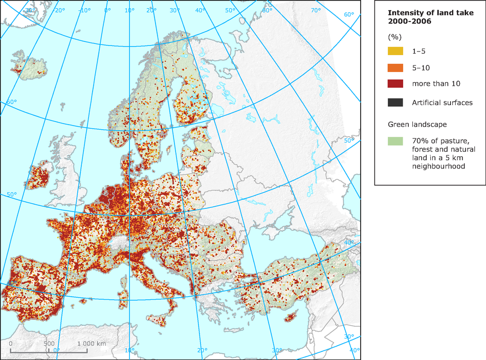 Intensità del consumo di suolo in Europa, periodo 2000-2006 (fonte: European Environment Agency)